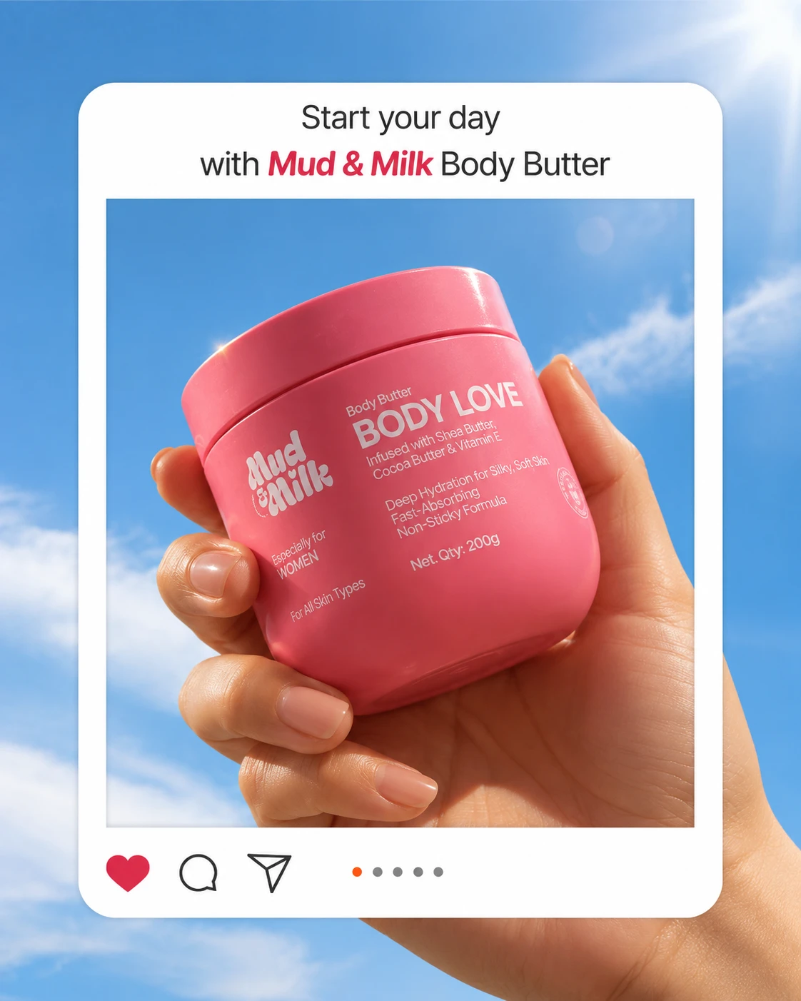 Mud & Milk social post: a hand holding a pink Body Love body butter jar against a blue sky