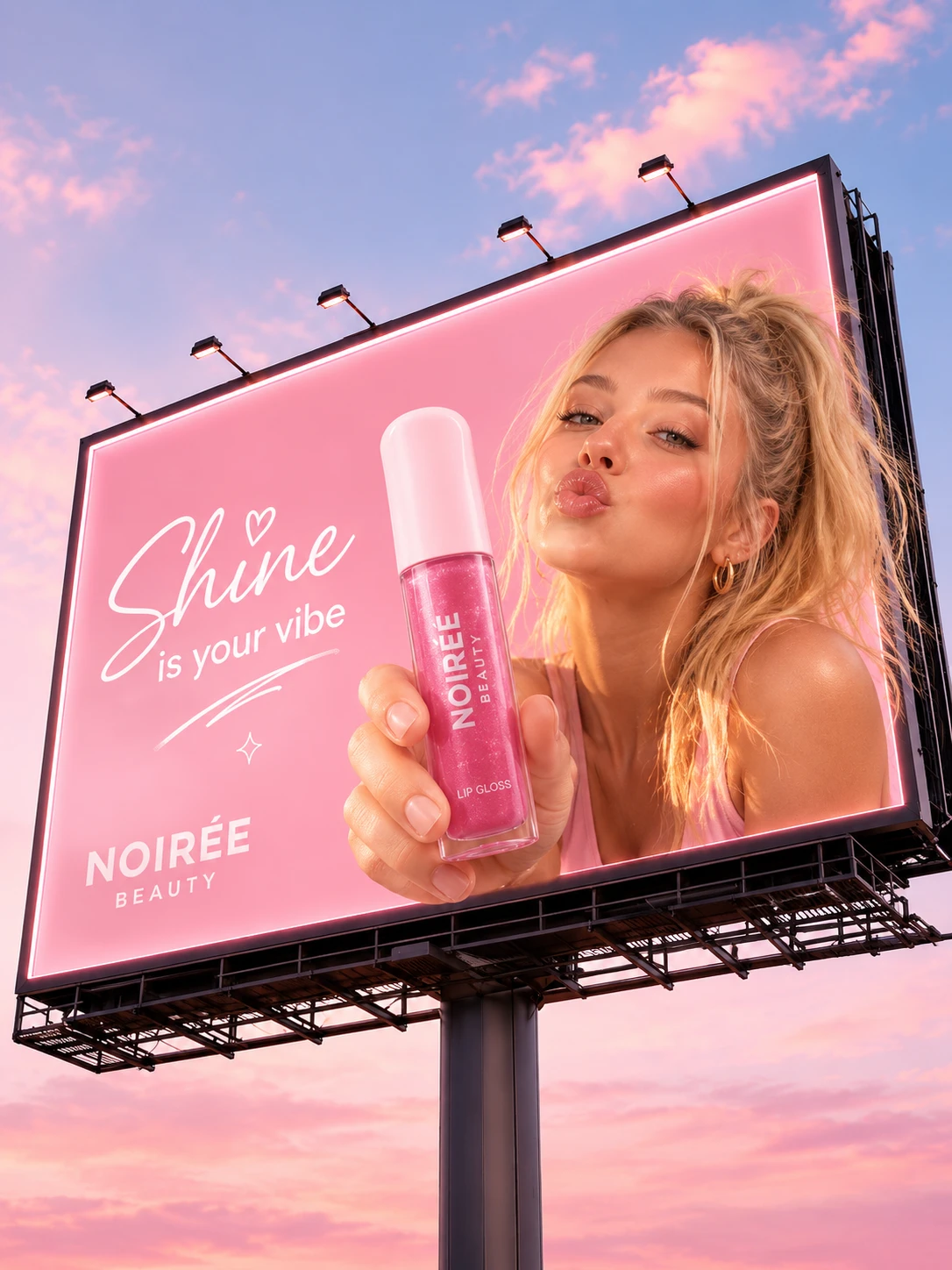 Noirée Beauty billboard reading Shine is your vibe, a model holding pink lip gloss toward the camera