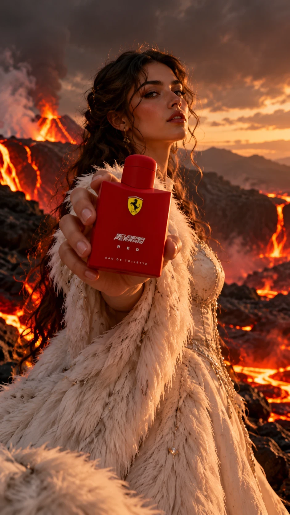 Scuderia Ferrari Red poster: a model in a white fur coat holds the red fragrance bottle toward the camera in front of an erupting volcano at sunset