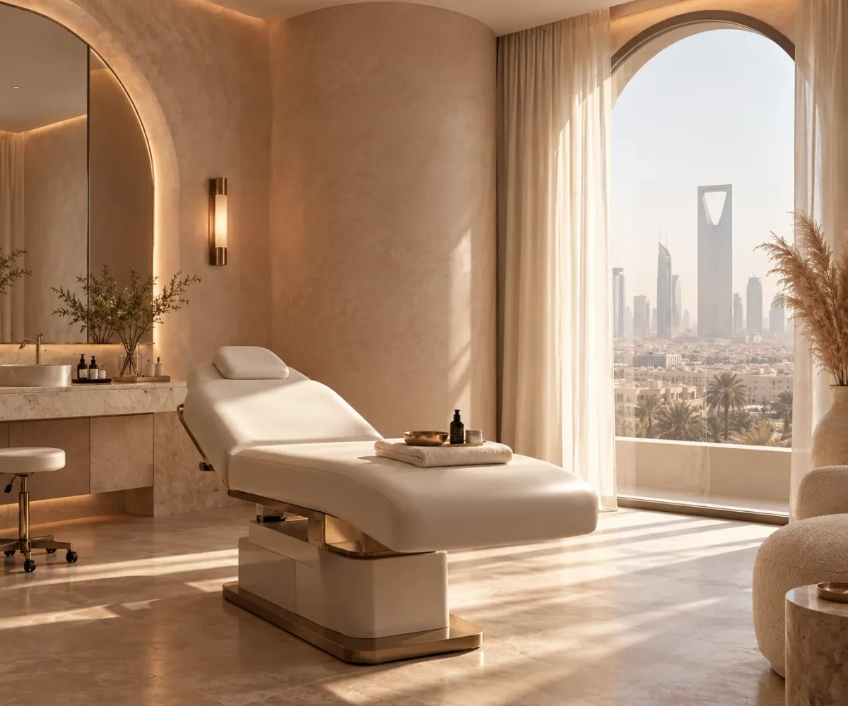 A calm Al Noor treatment suite with an arched window over the Riyadh skyline